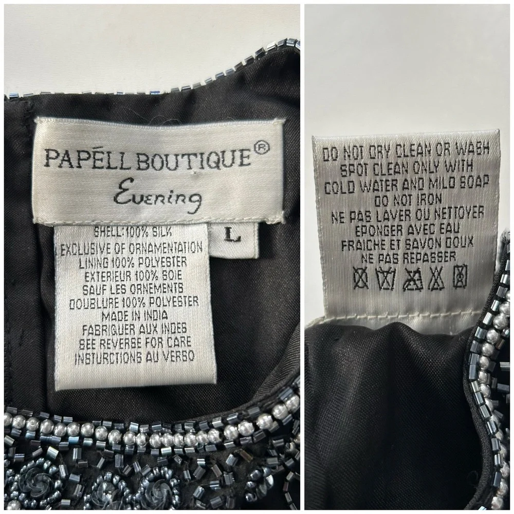Papéll Boutique Black Silk Daisy Floral Intricate Beaded Short Sleeve Party Top - Picture 5 of 6